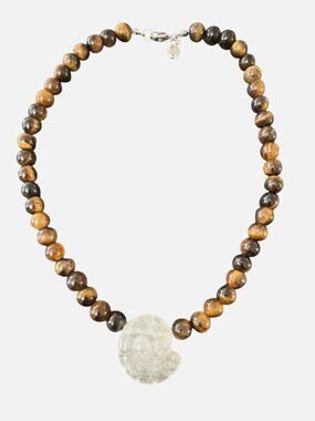 Mayamar Tigers Eye Beaded Necklace Pearlized Quartz Medallion